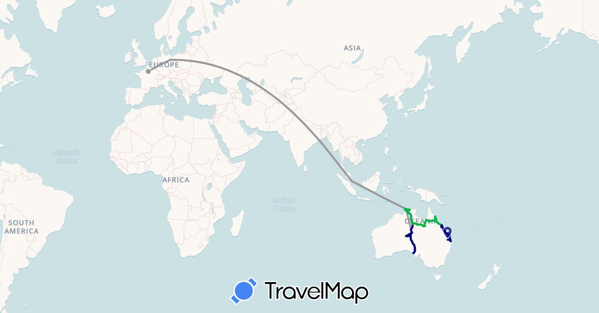 TravelMap itinerary: driving, bus, plane, boat in Australia, Germany, France, Singapore (Asia, Europe, Oceania)